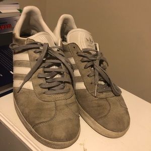 Gray and white Adidas running shoes